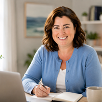 Julie Isaacs, LCSW — Licensed Clinical Social Worker, smiling at her desk